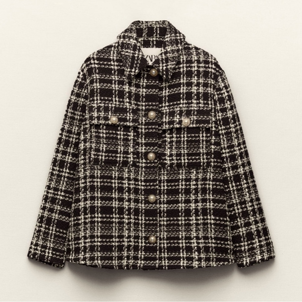 Zara Jacket XL Textured Plaid Oversized textured,Gold & Pearl Buttons pre loved